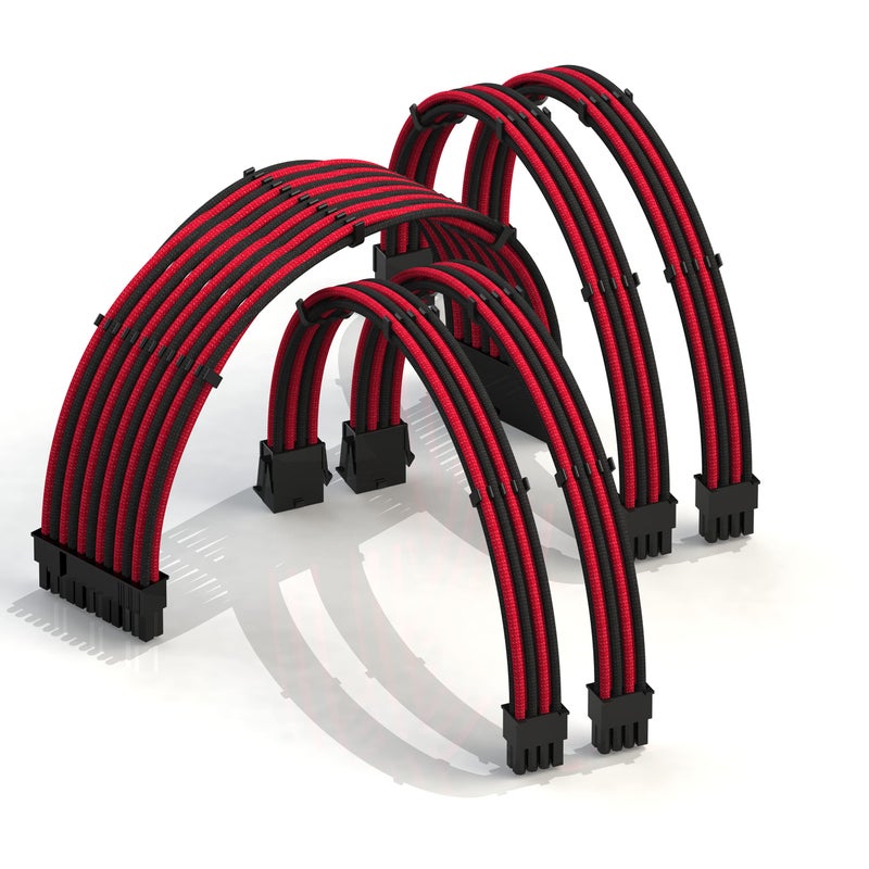 LINKUP - AVA 30cm PSU Cable Extension Sleeved Custom Mod GPU PC Braided w/Comb Kit | 1 x 24 P (20+4) | 2 x 8 P (4+4) CPU | 2 x 8 P (6+2) GPU Set | 300mm - RedBlack - Image 1